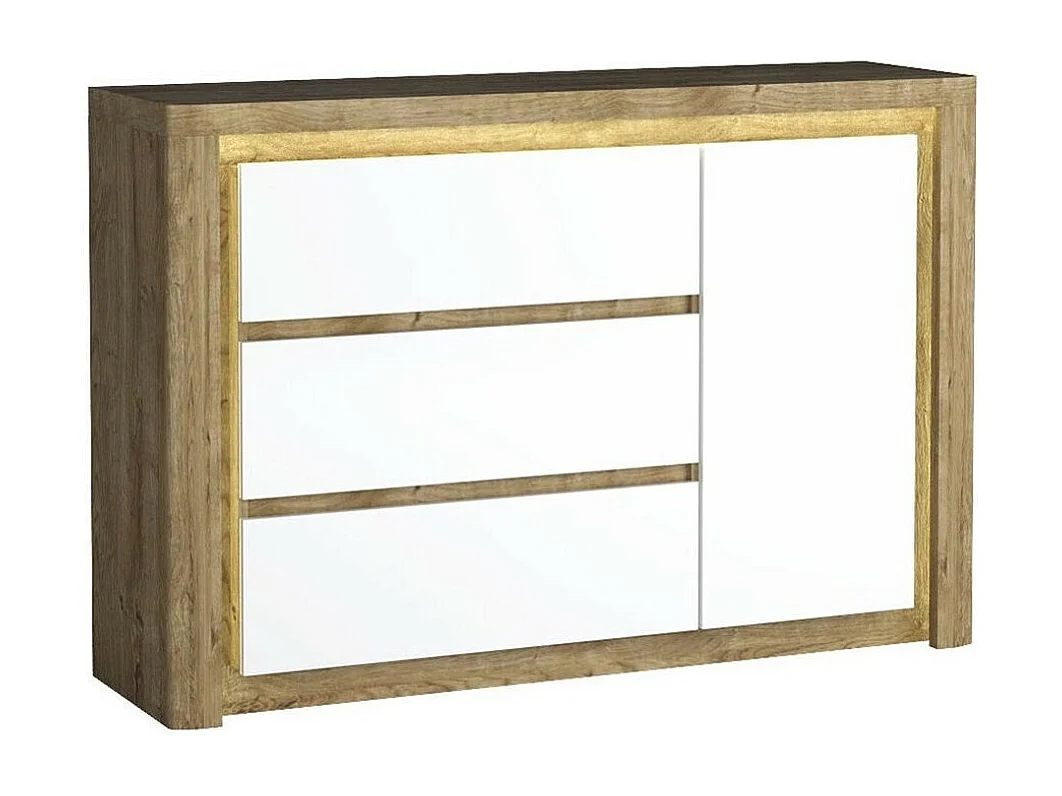 Commode Etrmona 114, Ribbeck chêne|Blanc brillant, Tiroirs et portes, 98x144x41cm