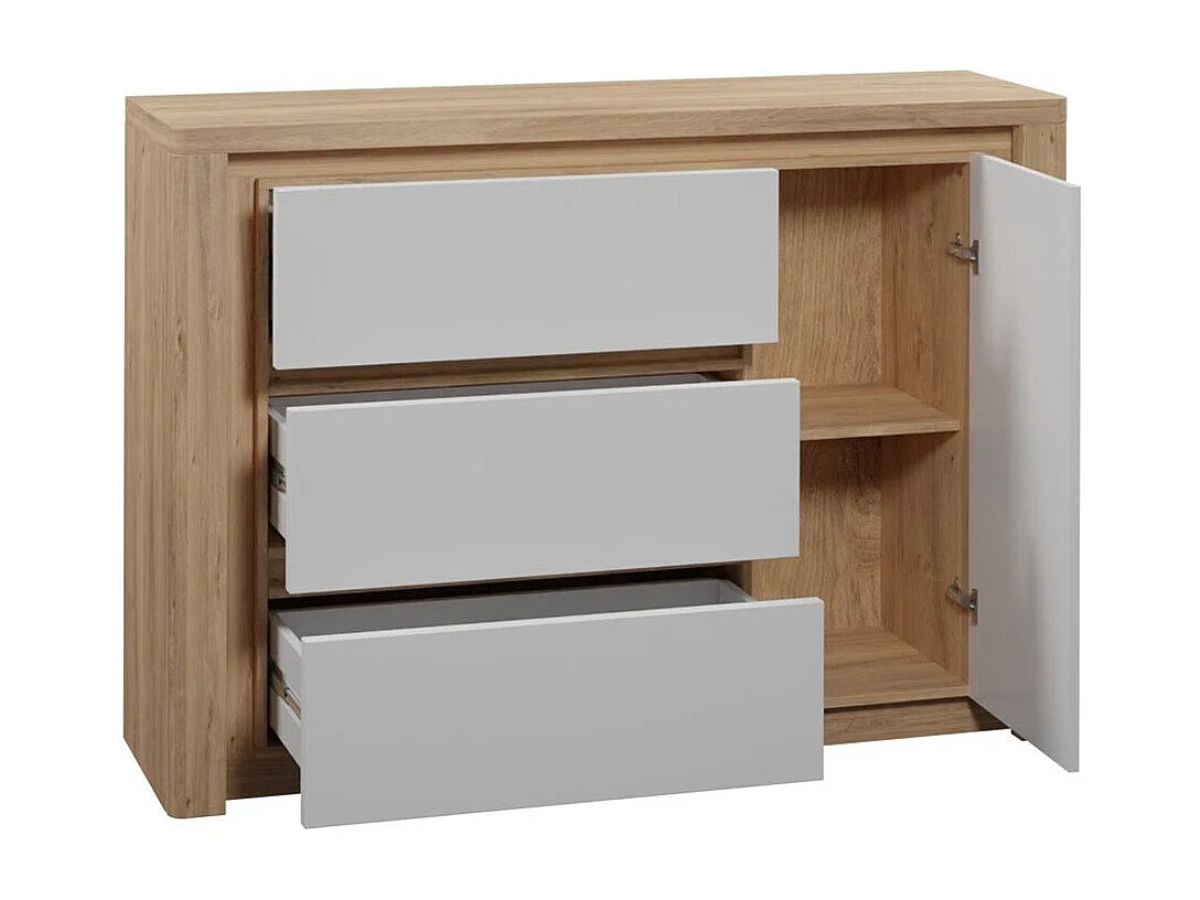 Commode Etrmona 114, Ribbeck chêne|Blanc brillant, Tiroirs et portes, 98x144x41cm