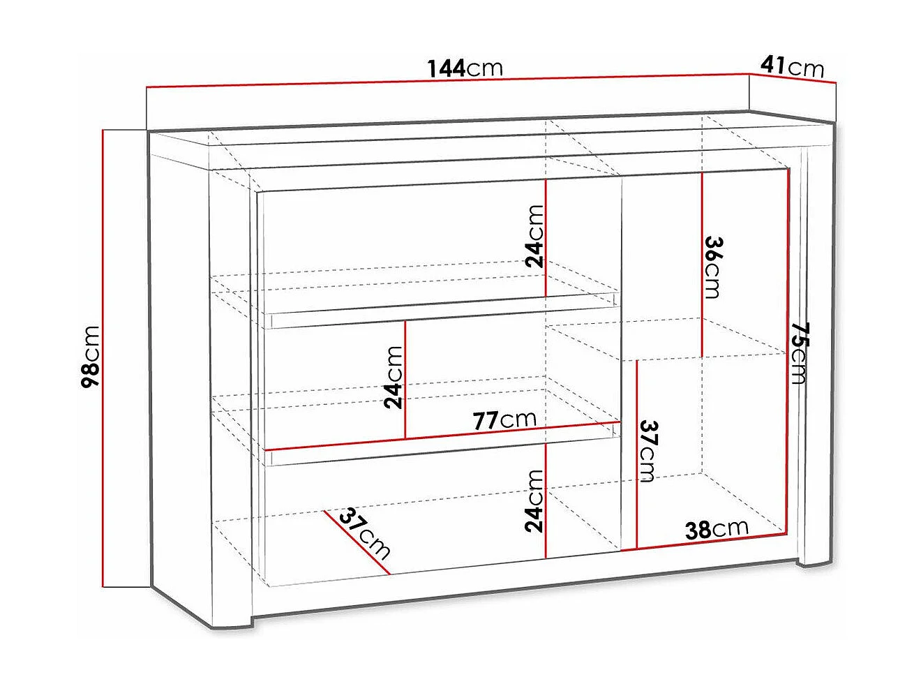 Commode Etrmona 114, Ribbeck chêne|Blanc brillant, Tiroirs et portes, 98x144x41cm