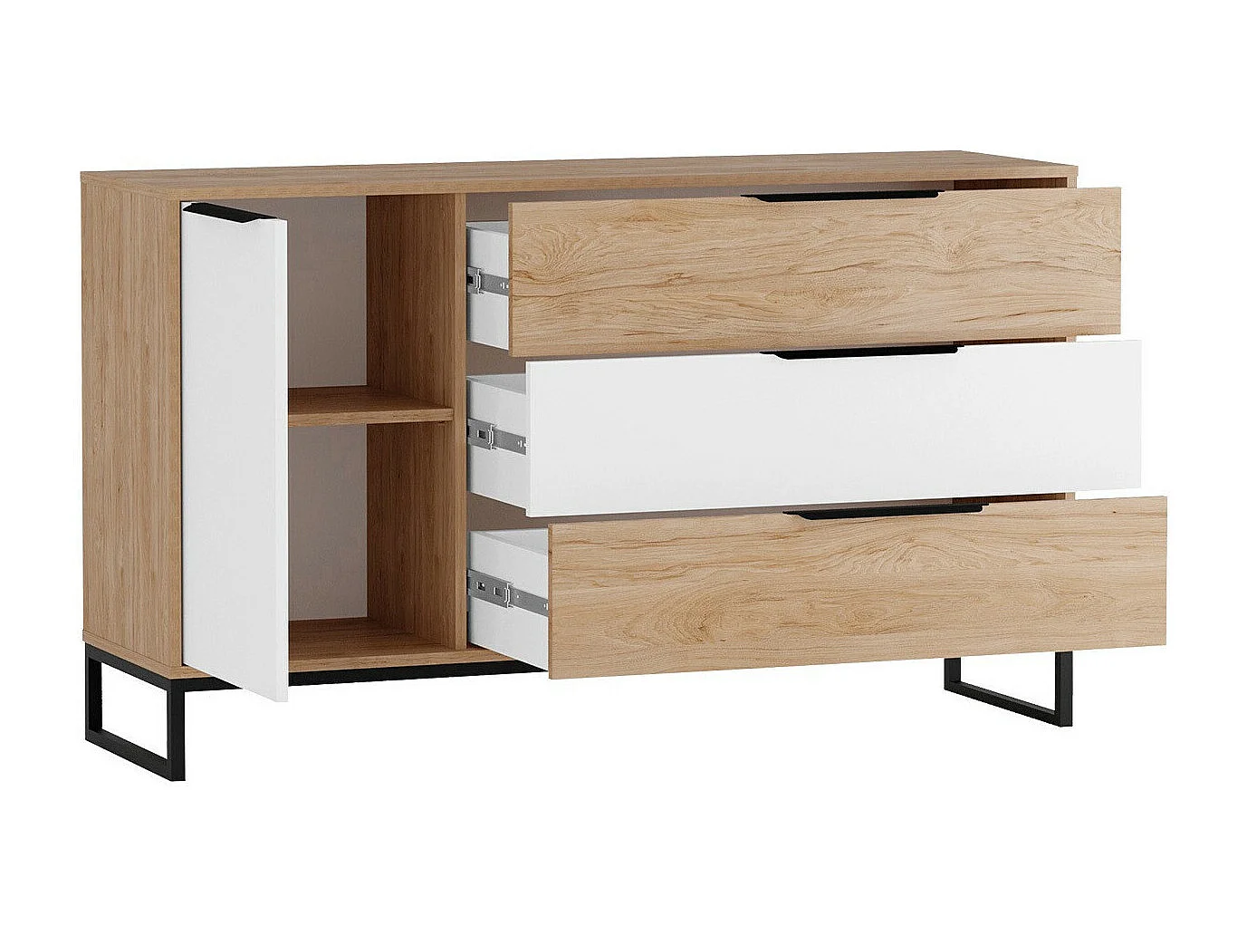 Cómoda Romcama 102, Hickory roble|Blanco, Con cajones y puertas, 80x135x40cm