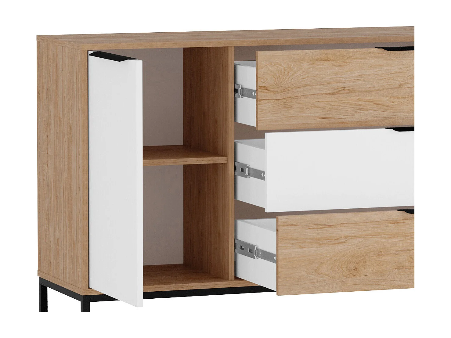 Cómoda Romcama 102, Hickory roble|Blanco, Con cajones y puertas, 80x135x40cm