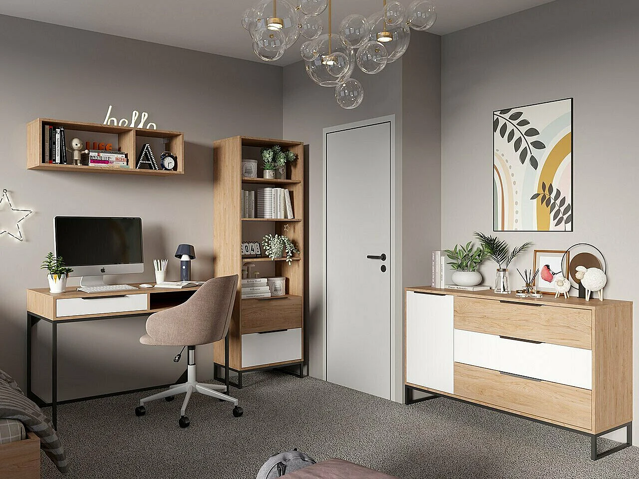 Cómoda Romcama 102, Hickory roble|Blanco, Con cajones y puertas, 80x135x40cm