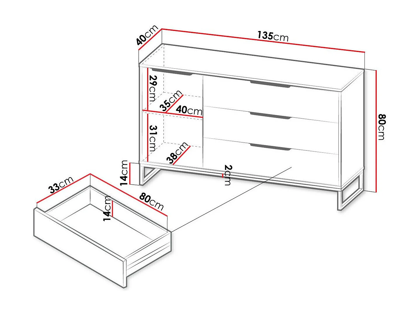 Cómoda Romcama 102, Hickory roble|Blanco, Con cajones y puertas, 80x135x40cm