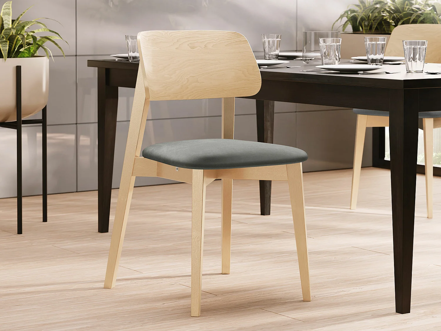 Chaise Dearborn 101, 80x46x49cm, Tissu, En bois, Bois