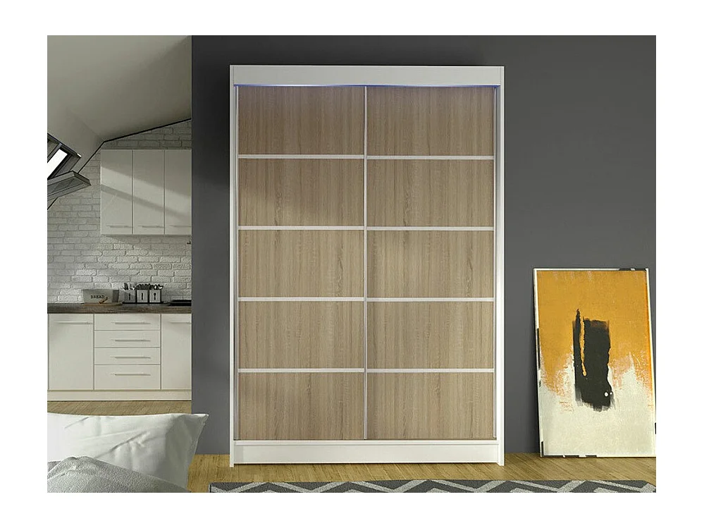 Armoire Closico 150, Sonoma chêne|Blanc, 200x120x58cm, Portes d'armoire: Coulissantes