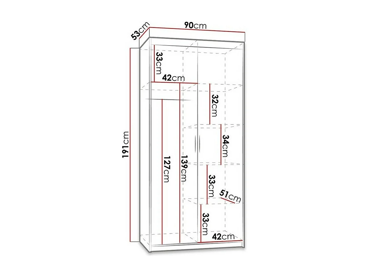Armoire Novduni 100, Blanc, 191x90x53cm, Portes d'armoire: Avec des charnières