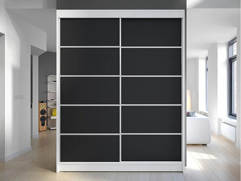 Armoire Closico 145, Blanc|Noir, 200x150x58cm, Portes d'armoire: Coulissantes
