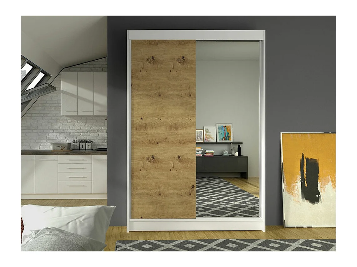 Armoire Closico 147, Chêne Artisan|Blanc, 200x120x58cm, Portes d'armoire: Coulissantes
