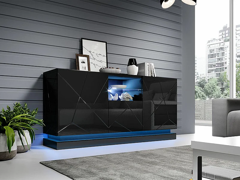 Aparador Charlotte 186, Negro|Negro brillante, 75x150cm, Número de puertas: 342cm, MDF