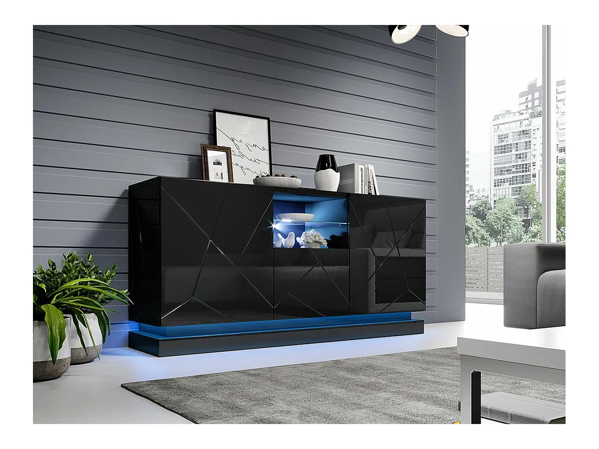 Buffet Charlotte 186, Noir brillant|Noir, 75x150cm, Le nombre de portes: 342cm, MDF
