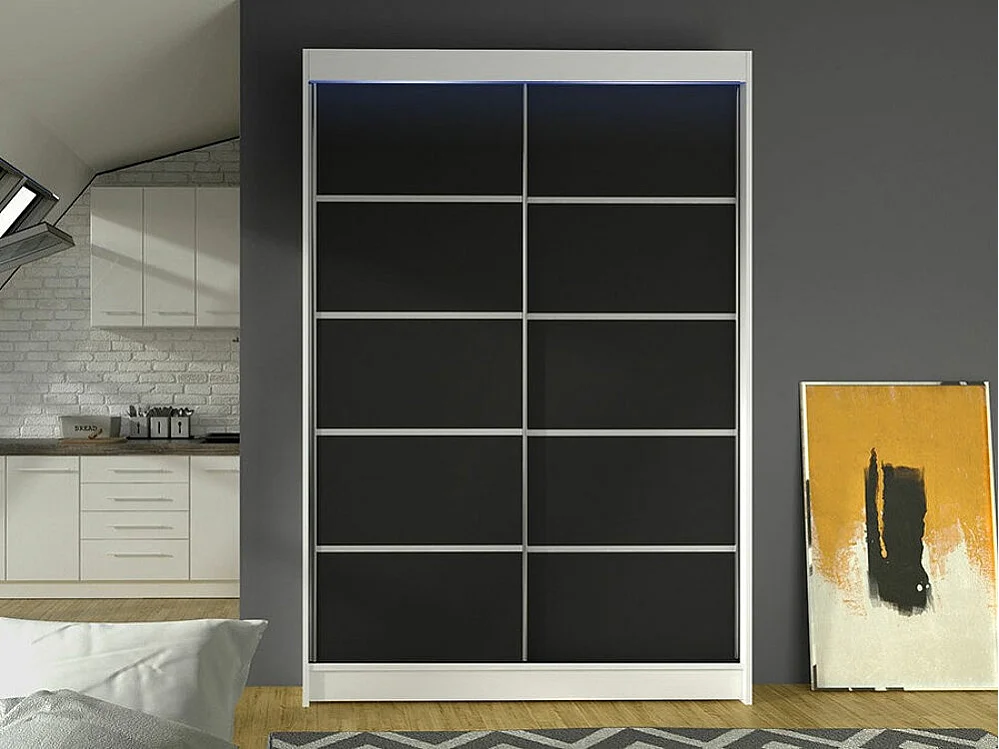 Armoire Closico 150, Noir|Blanc, 200x120x58cm, Portes d'armoire: Coulissantes