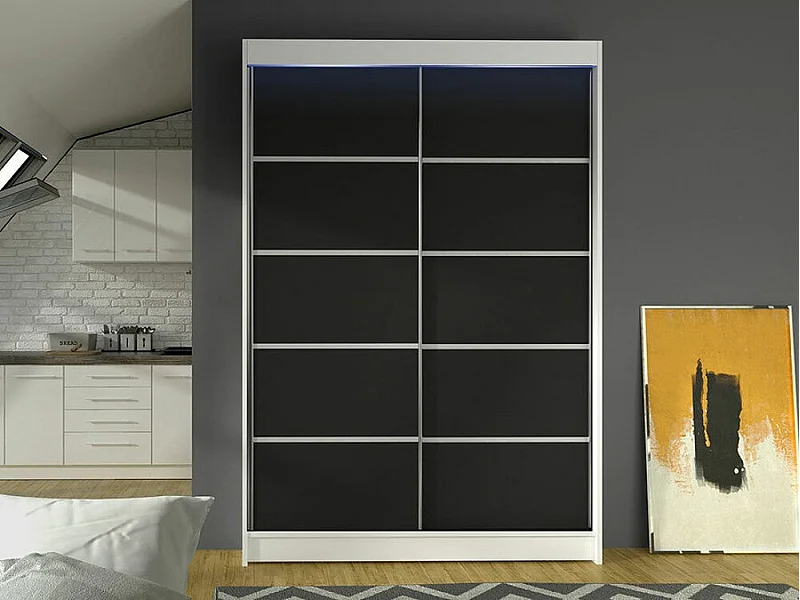 Armoire Closico 150, Noir|Blanc, 200x120x58cm, Portes d'armoire: Coulissantes