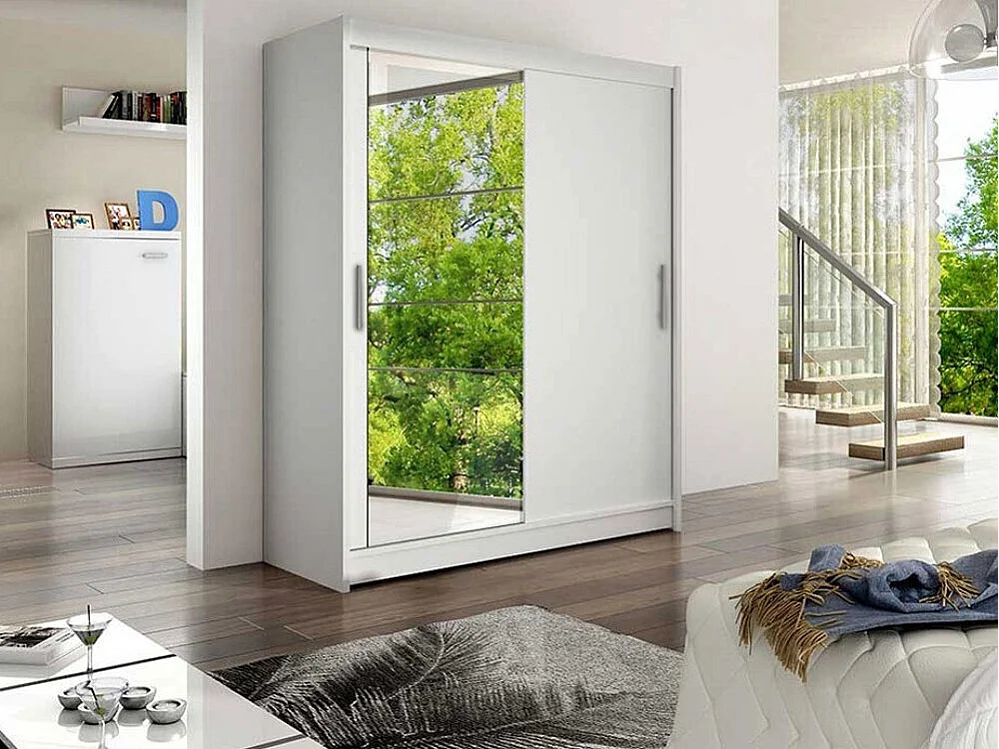 Armoire Closico 112, Blanc, 200x150x58cm, Portes d'armoire: Coulissantes