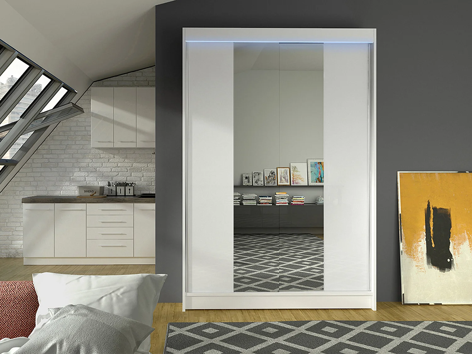 Armoire Closico 148, Blanc, 200x120x58cm, Portes d'armoire: Coulissantes