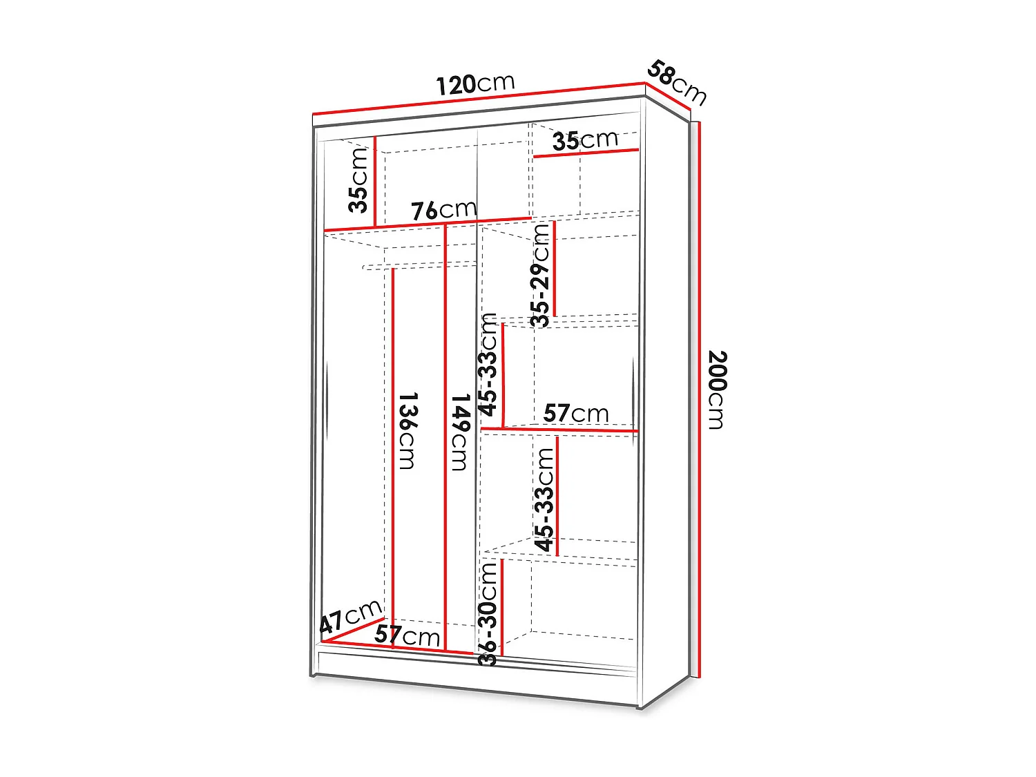 Armoire Closico 149, Noir|Blanc, 200x120x58cm, Portes d'armoire: Coulissantes