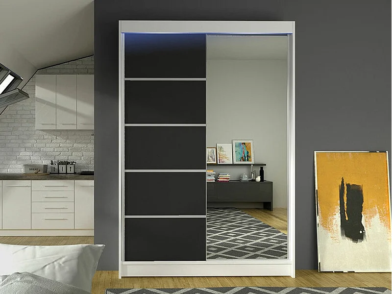 Armoire Closico 149, Blanc|Noir, 200x120x58cm, Portes d'armoire: Coulissantes