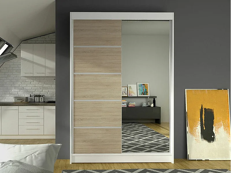 Armario Closico 149, Blanco|Roble Sonoma, 200x120x58cm, Puertas de armario: Correderas