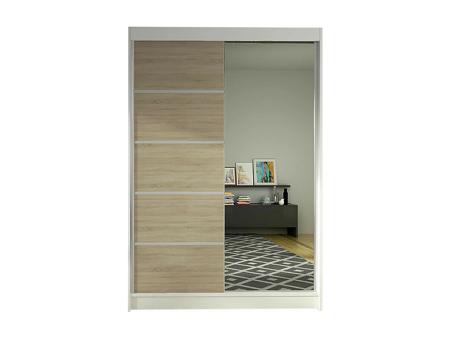 Armoire Closico 149, Blanc|Sonoma chêne, 200x120x58cm, Portes d'armoire: Coulissantes