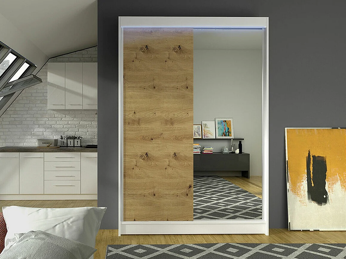 Armoire Closico 147, Chêne Artisan|Blanc, 200x120x58cm, Portes d'armoire: Coulissantes