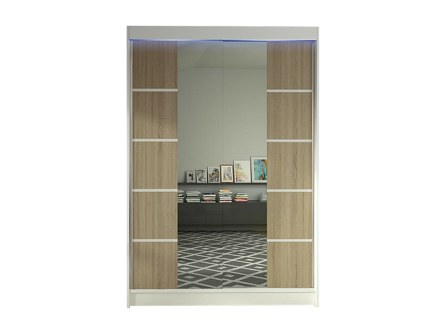 Armario Closico 151, Blanco|Roble Sonoma, 200x120x58cm, Puertas de armario: Correderas