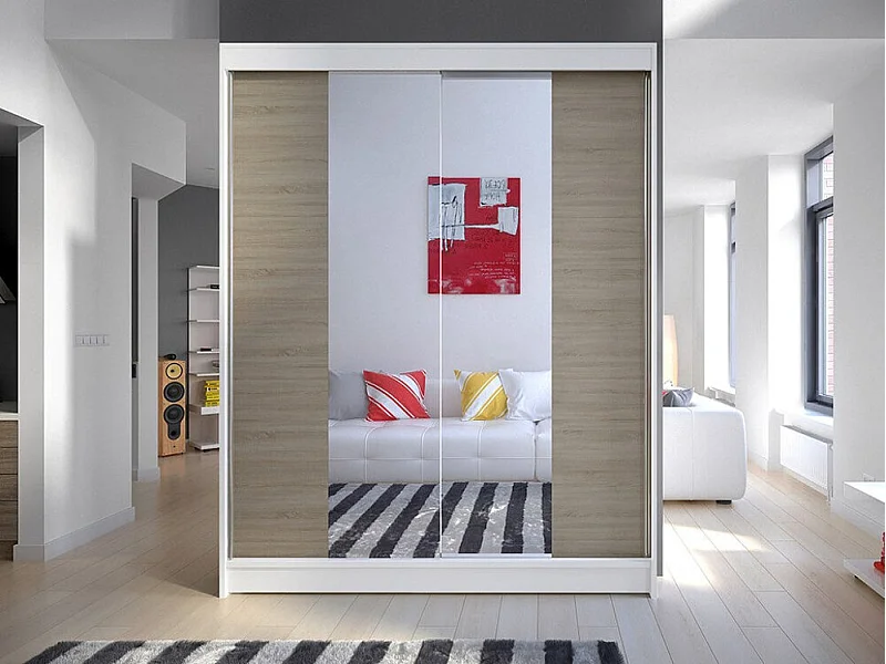 Armoire Closico 141, Sonoma chêne|Blanc, 200x150x58cm, Portes d'armoire: Coulissantes