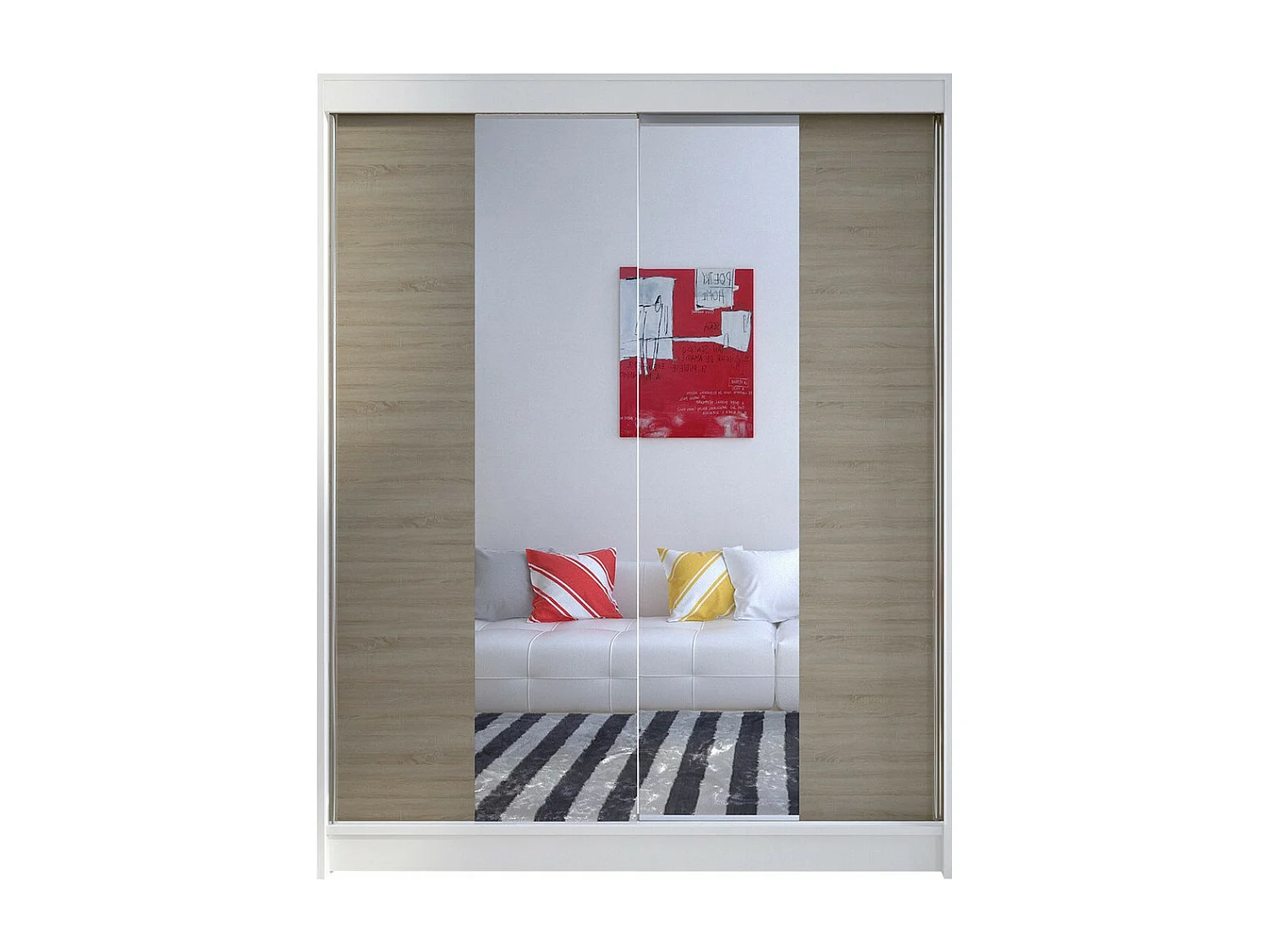 Armario Closico 141, Blanco|Roble Sonoma, 200x150x58cm, Puertas de armario: Correderas