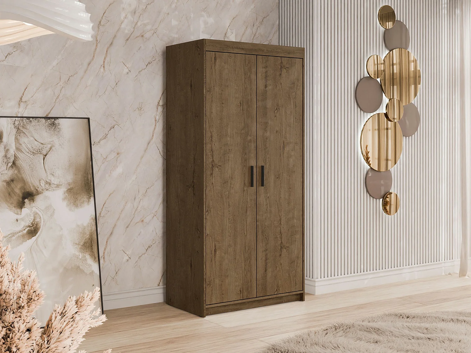 Armario Novduni 100, Roble de lefkada, 191x90x53cm, Puertas de armario: Con bisagras