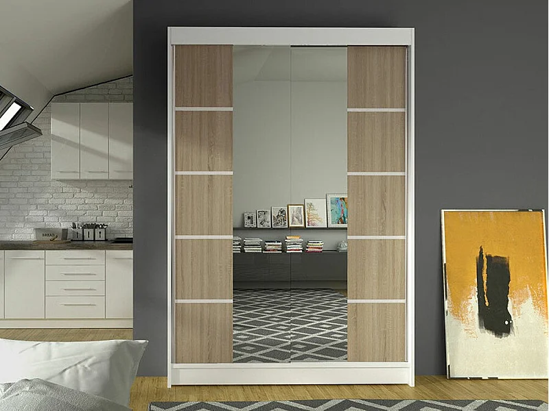 Armario Closico 151, Blanco|Roble Sonoma, 200x120x58cm, Puertas de armario: Correderas