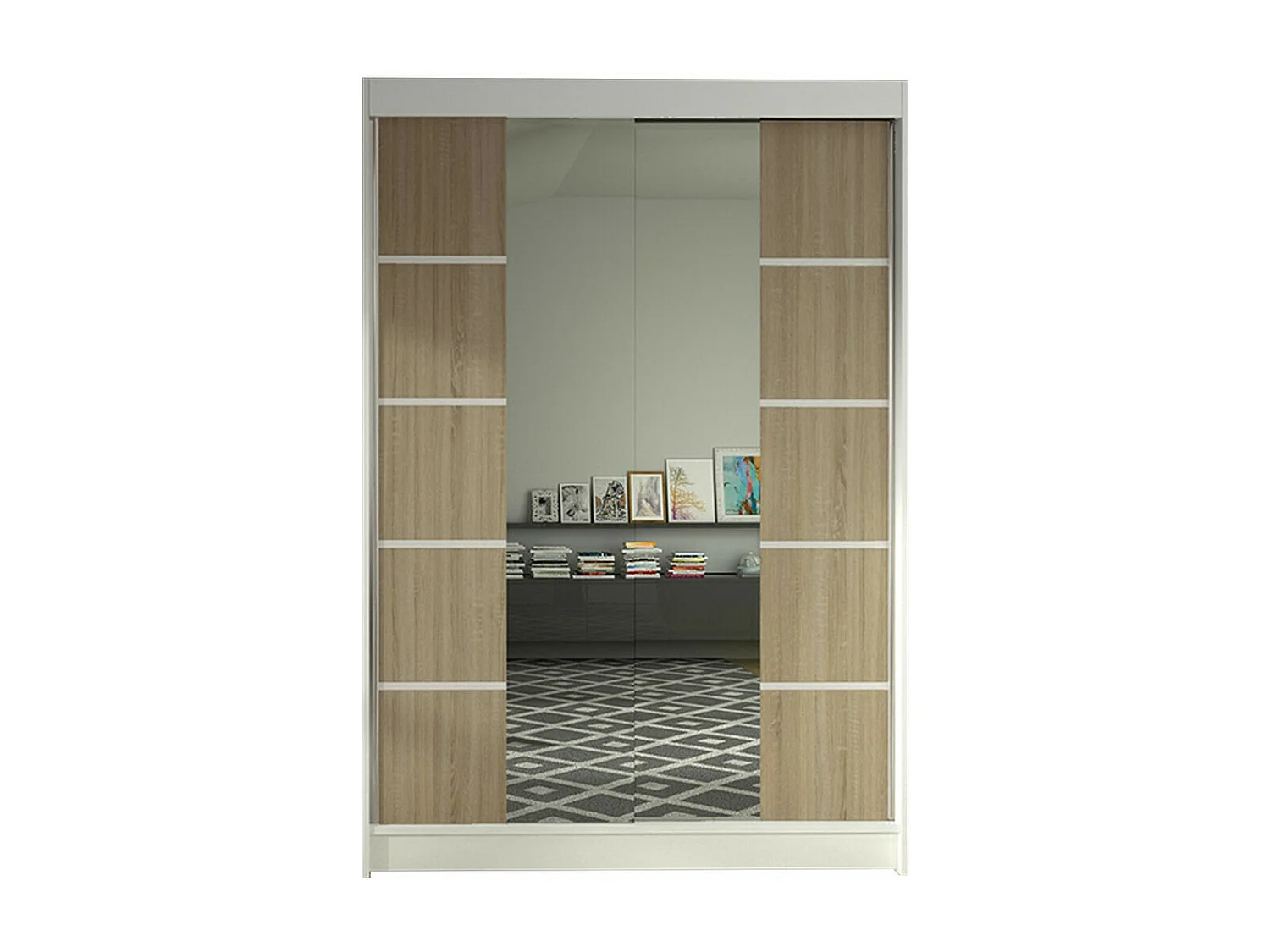 Armario Closico 151, Blanco|Roble Sonoma, 200x120x58cm, Puertas de armario: Correderas
