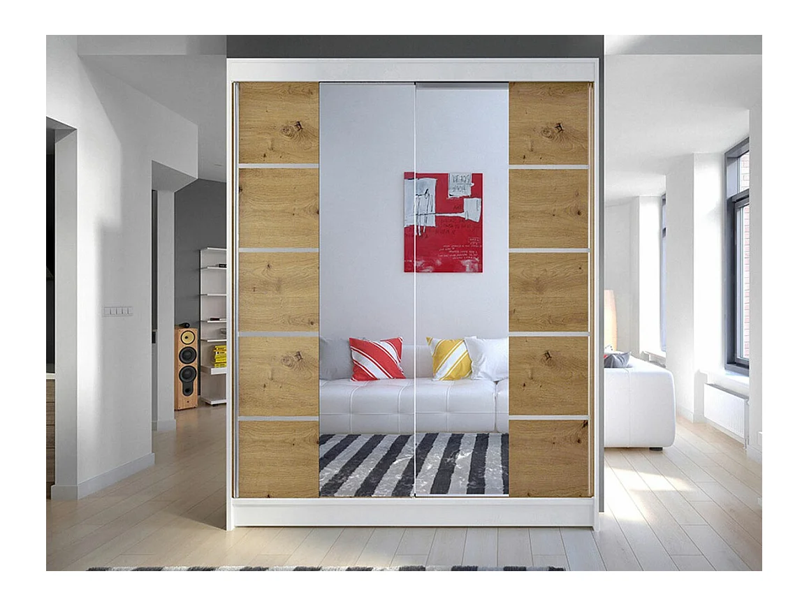 Armoire Closico 146, Blanc|Chêne Artisan, 200x150x58cm, Portes d'armoire: Coulissantes