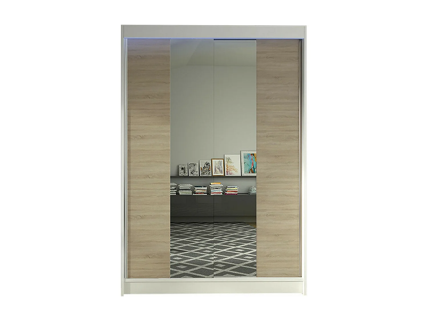 Armario Closico 148, Blanco|Roble Sonoma, 200x120x58cm, Puertas de armario: Correderas