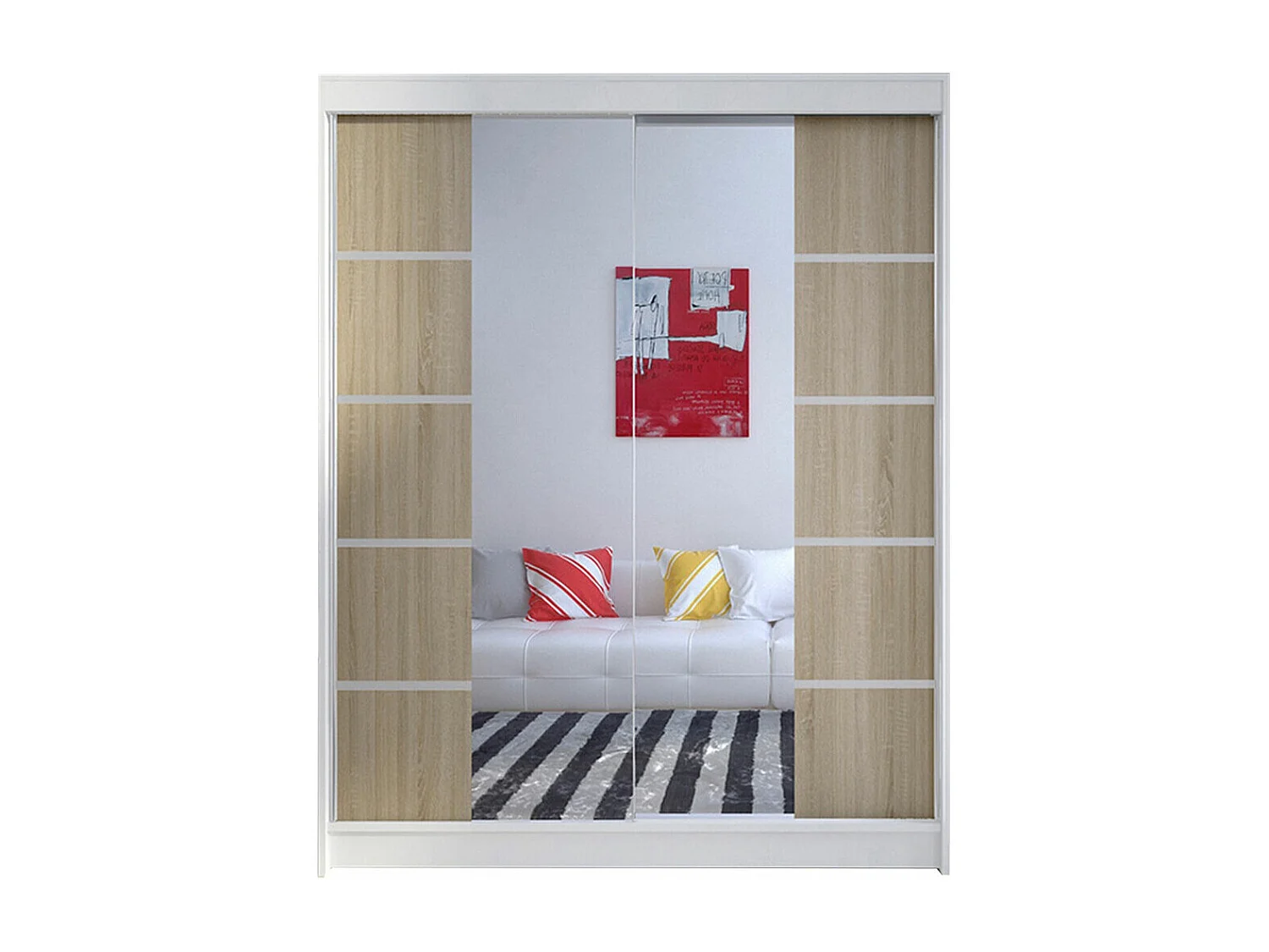 Armoire Closico 146, Blanc|Sonoma chêne, 200x150x58cm, Portes d'armoire: Coulissantes