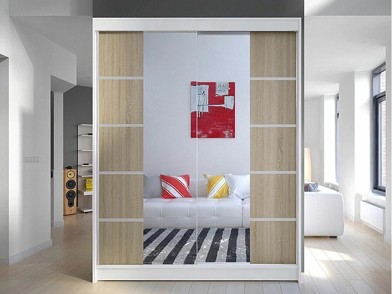 Armoire Closico 146, Blanc|Sonoma chêne, 200x150x58cm, Portes d'armoire: Coulissantes