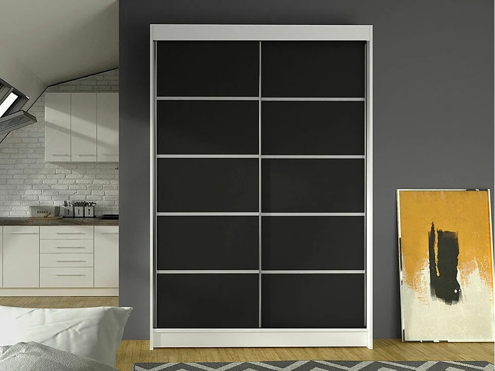 Armoire Closico 150, Noir|Blanc, 200x120x58cm, Portes d'armoire: Coulissantes