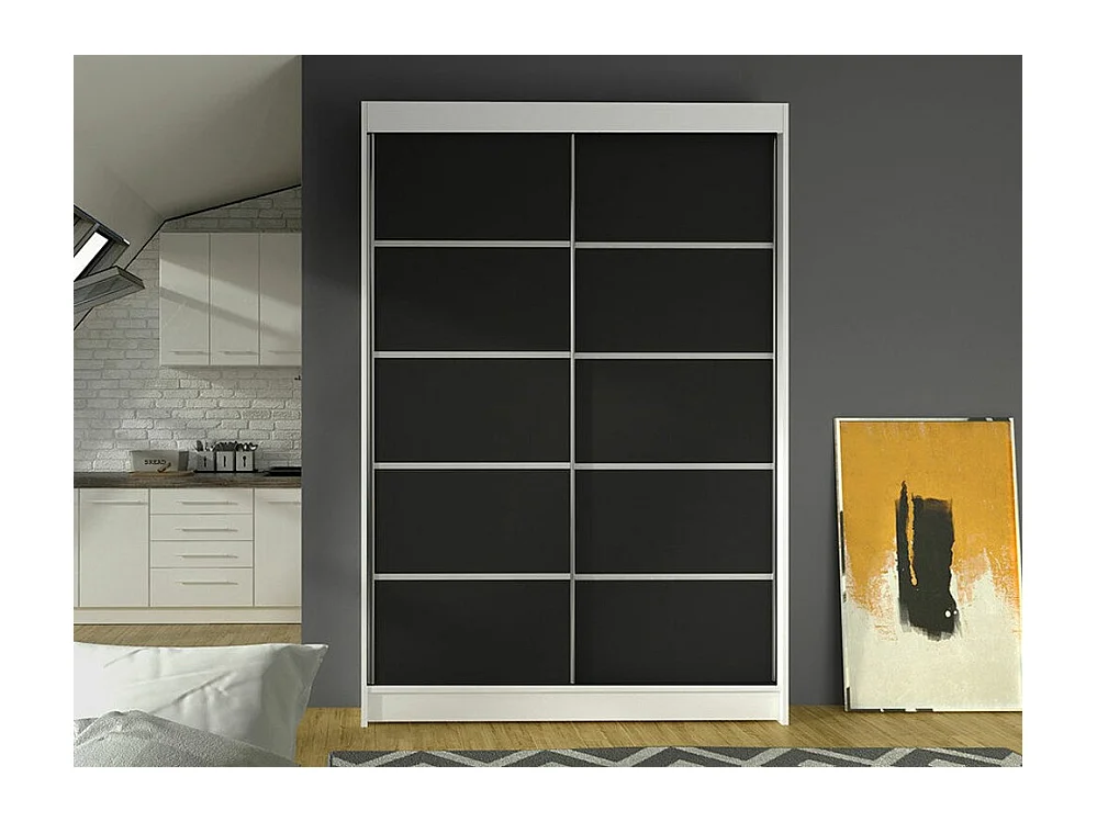 Armoire Closico 150, Noir|Blanc, 200x120x58cm, Portes d'armoire: Coulissantes