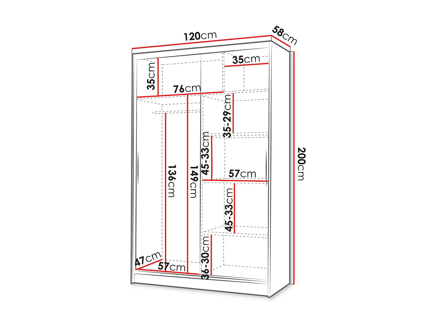 Armadio Closico 150, Nero|Bianco, 200x120x58cm, Porte armadi: Scorrevoli