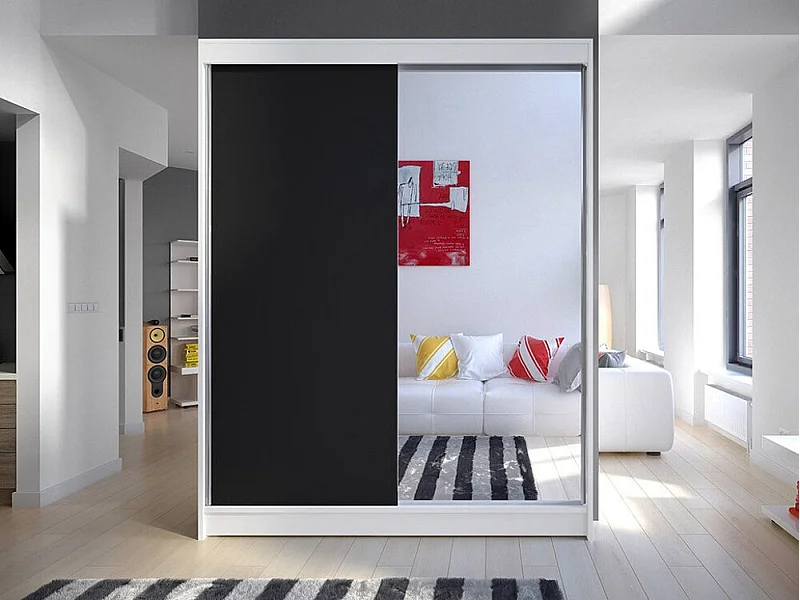 Armoire Closico 140, Noir|Blanc, 200x150x58cm, Portes d'armoire: Coulissantes