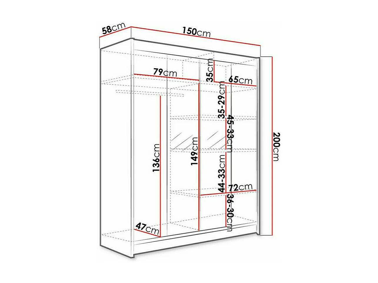 Armario Closico 141, Negro|Blanco, 200x150x58cm, Puertas de armario: Correderas