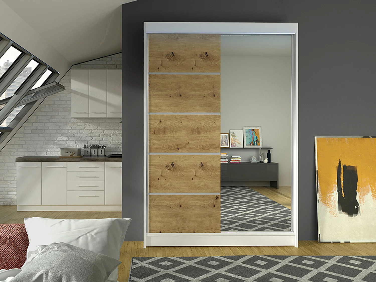 Armoire Closico 149, Chêne Artisan|Blanc, 200x120x58cm, Portes d'armoire: Coulissantes