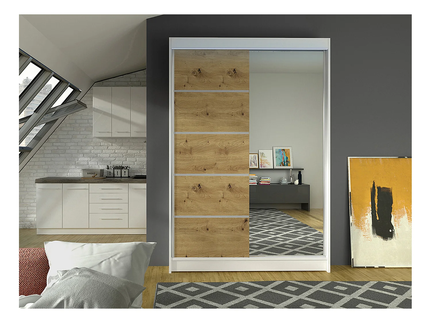 Armoire Closico 149, Blanc|Chêne Artisan, 200x120x58cm, Portes d'armoire: Coulissantes