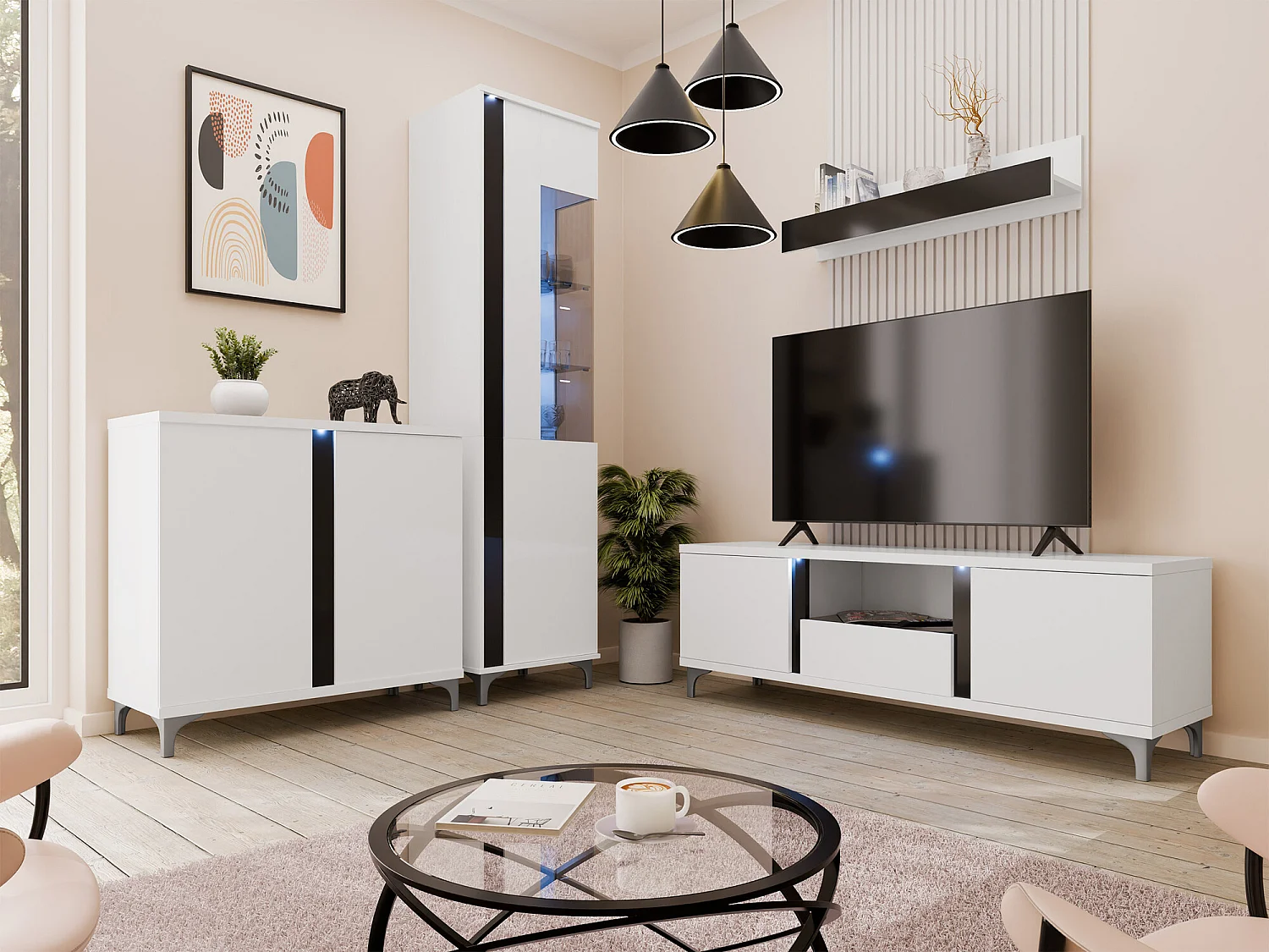 Buffet Livseri 102, Blanc brillant|Blanc|Noir brillant, 88x92cm, Le nombre de portes: 2