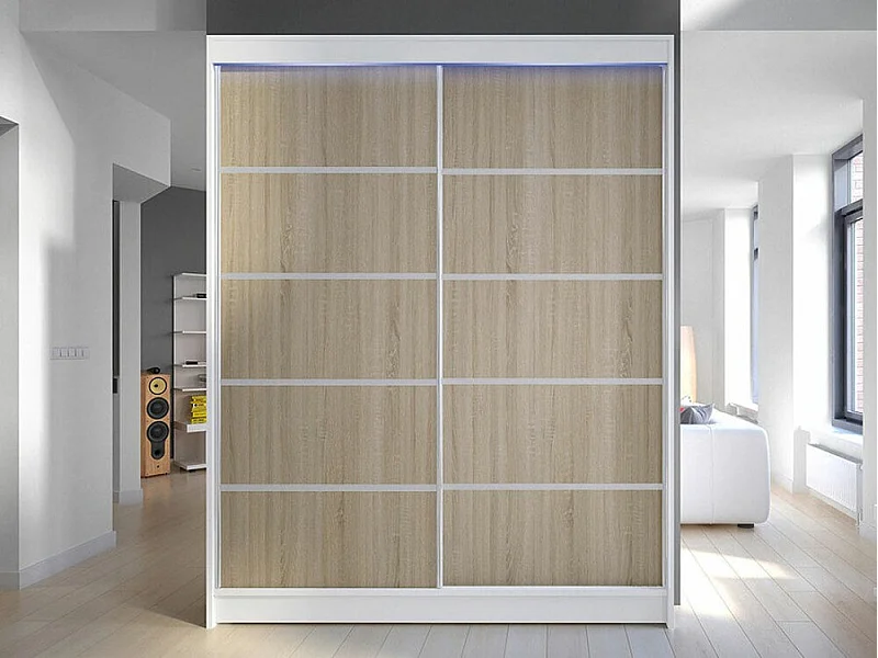 Armario Closico 145, Roble Sonoma|Blanco, 200x150x58cm, Puertas de armario: Correderas
