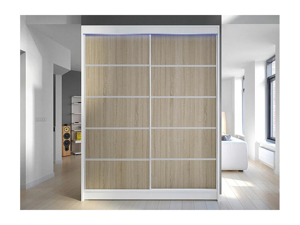 Armoire Closico 145, Sonoma chêne|Blanc, 200x150x58cm, Portes d'armoire: Coulissantes