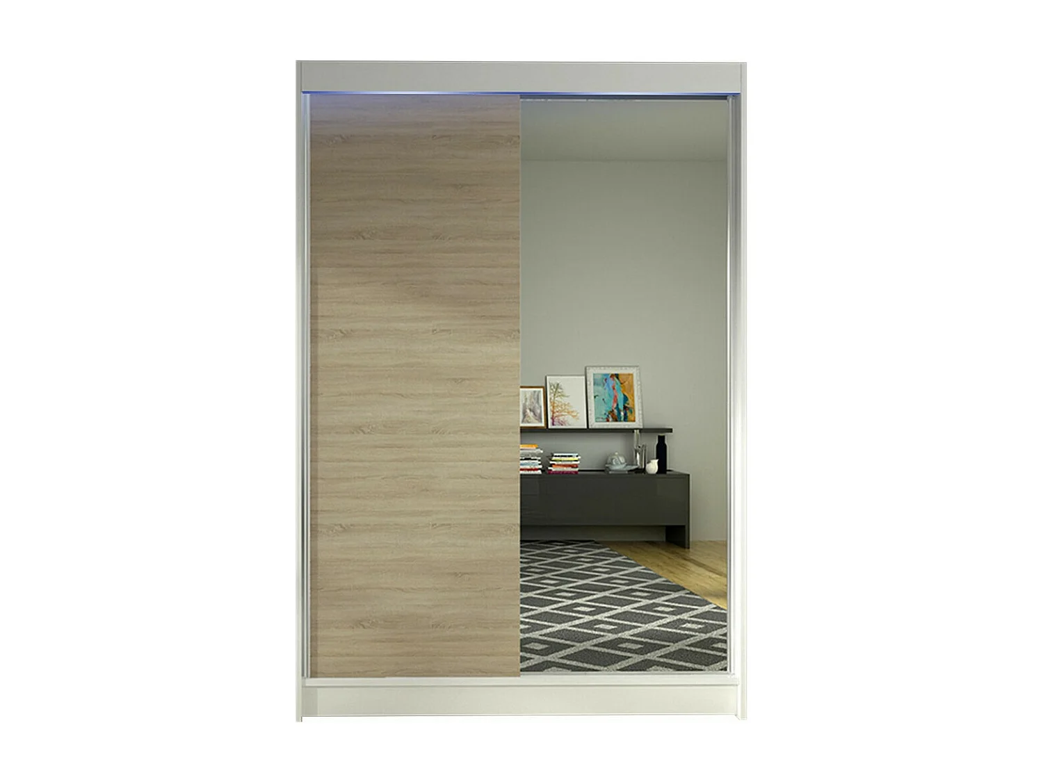 Armoire Closico 147, Sonoma chêne|Blanc, 200x120x58cm, Portes d'armoire: Coulissantes