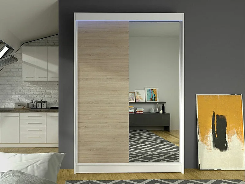 Armoire Closico 147, Sonoma chêne|Blanc, 200x120x58cm, Portes d'armoire: Coulissantes