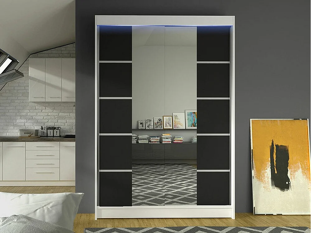 Armoire Closico 151, Blanc|Noir, 200x120x58cm, Portes d'armoire: Coulissantes