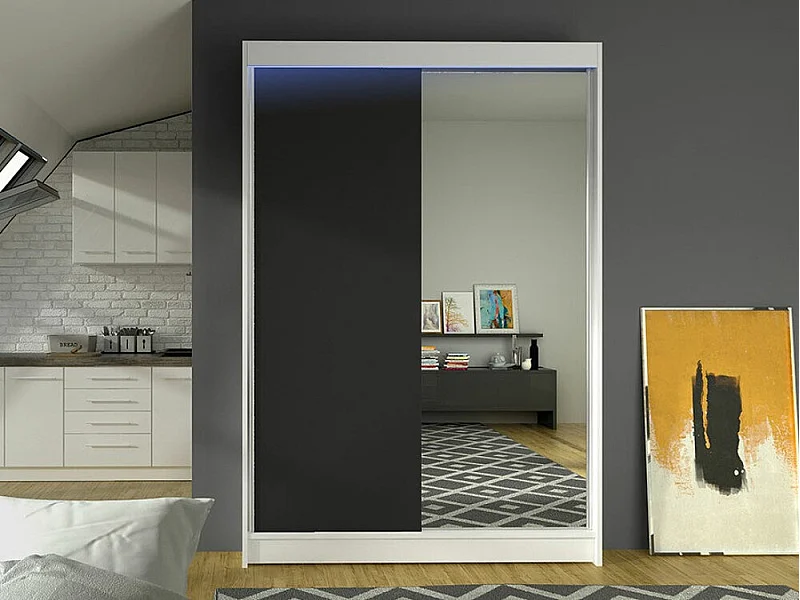 Armario Closico 147, Negro|Blanco, 200x120x58cm, Puertas de armario: Correderas