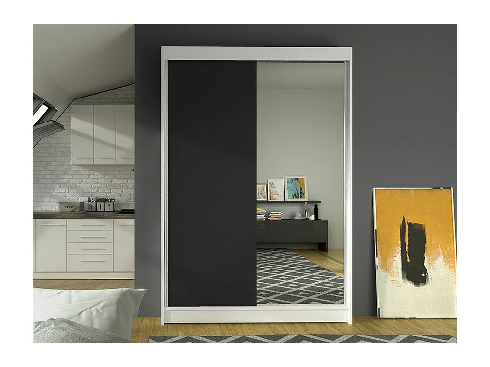 Armoire Closico 147, Noir|Blanc, 200x120x58cm, Portes d'armoire: Coulissantes