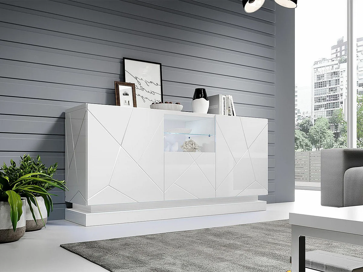 Buffet Charlotte 186, Blanc brillant|Blanc, 75x150cm, Le nombre de portes: 342cm, MDF
