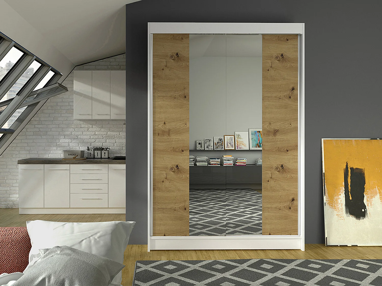 Armoire Closico 148, Chêne Artisan|Blanc, 200x120x58cm, Portes d'armoire: Coulissantes